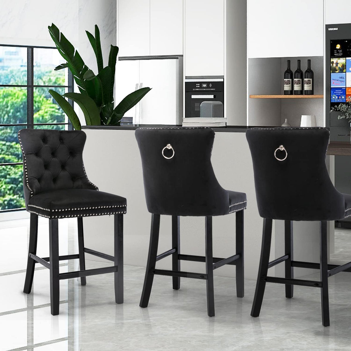 4x Velvet Bar Stools | Studs Trim | Wooden Legs | Tufted Dining Chairs | Kitchen