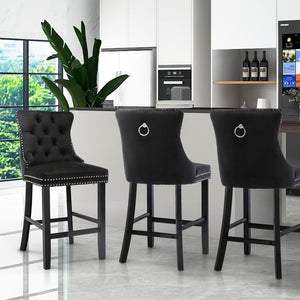 4x Velvet Bar Stools | Studs Trim | Wooden Legs | Tufted Dining Chairs | Kitchen