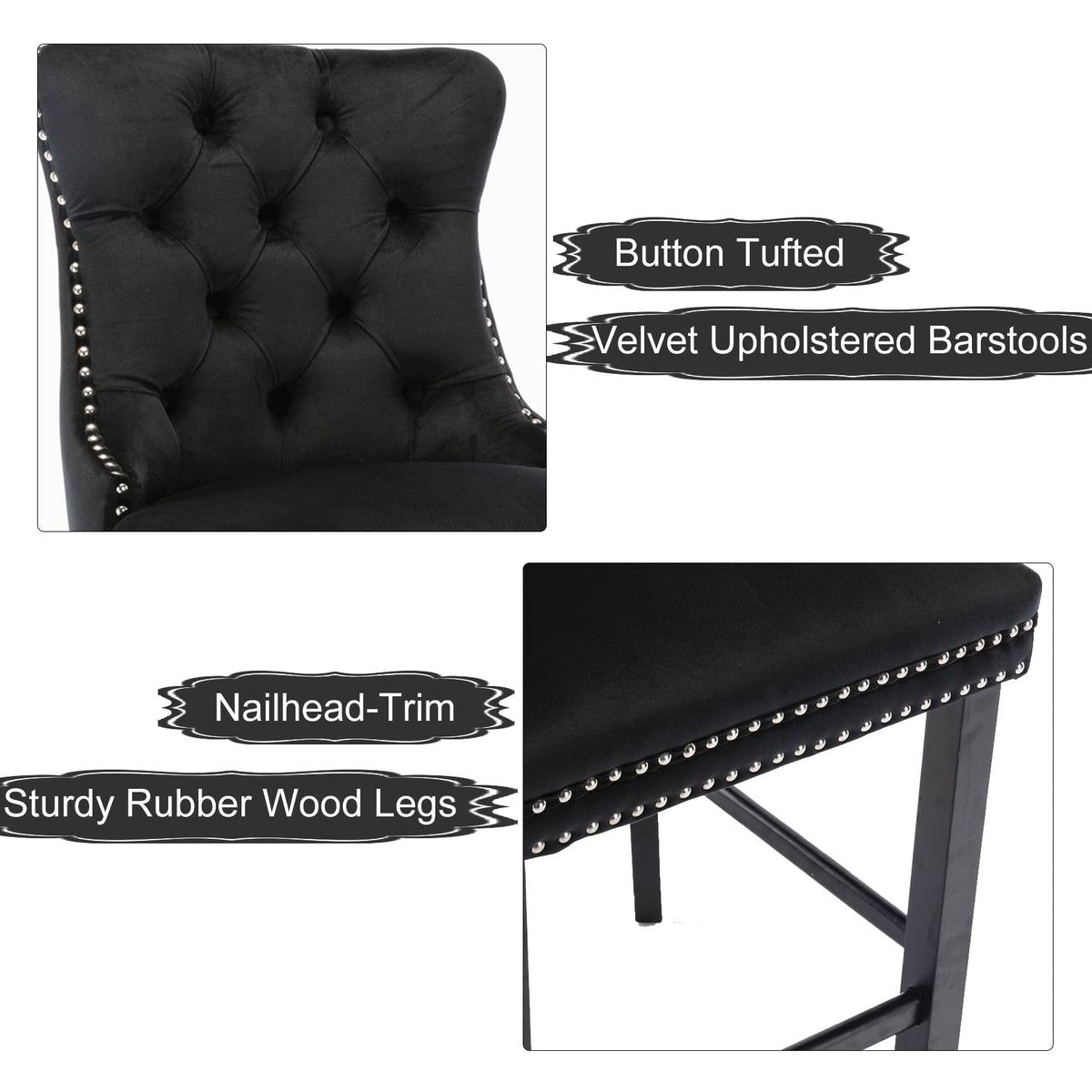 4x Velvet Bar Stools | Studs Trim | Wooden Legs | Tufted Dining Chairs | Kitchen