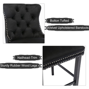 4x Velvet Bar Stools | Studs Trim | Wooden Legs | Tufted Dining Chairs | Kitchen