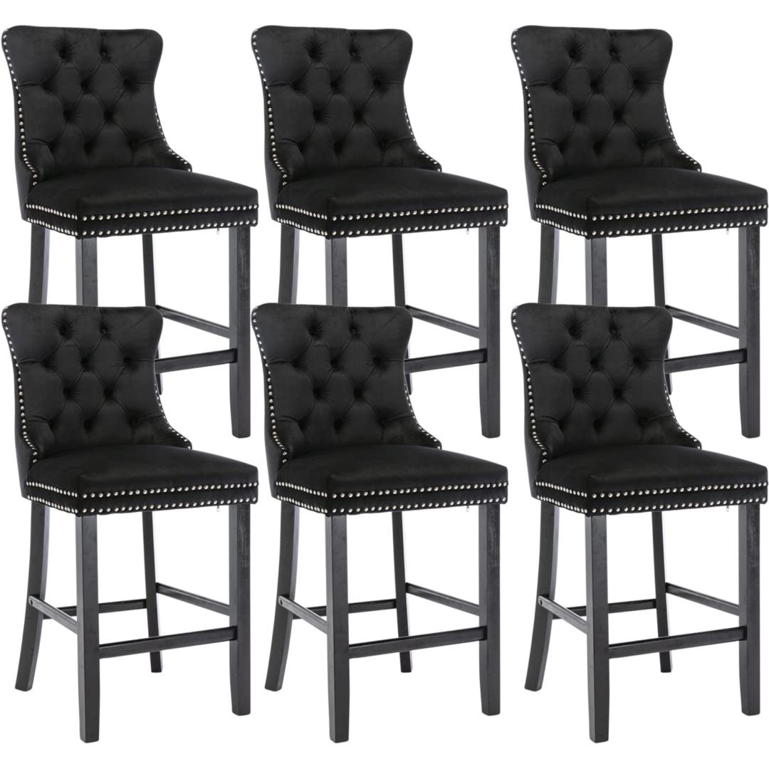 6x Velvet Bar Stools with Studs Trim | Wooden Legs | Tufted Dining Chairs | Kitchen