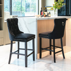 6x Velvet Bar Stools with Studs Trim | Wooden Legs | Tufted Dining Chairs | Kitchen