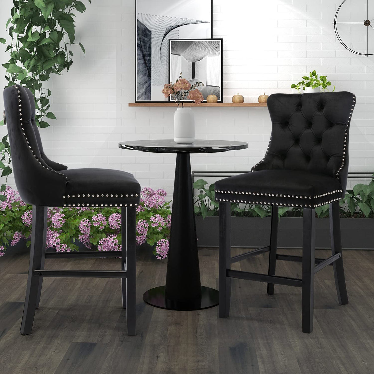 6x Velvet Bar Stools with Studs Trim | Wooden Legs | Tufted Dining Chairs | Kitchen