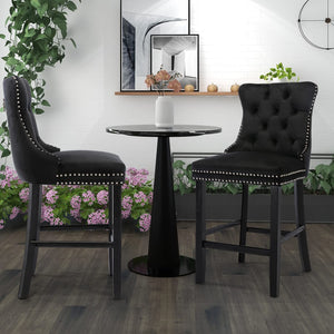 6x Velvet Bar Stools with Studs Trim | Wooden Legs | Tufted Dining Chairs | Kitchen