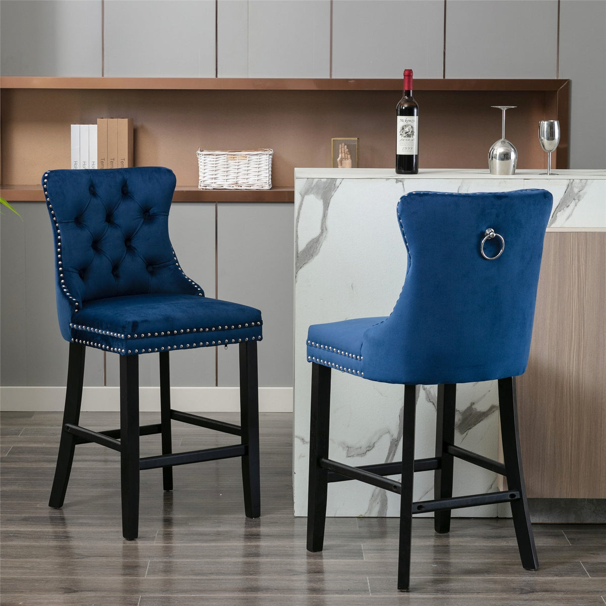 4x Velvet Bar Stools | Studs Trim | Wooden Legs | Tufted Dining Chairs | Kitchen