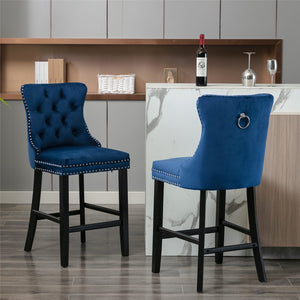 4x Velvet Bar Stools | Studs Trim | Wooden Legs | Tufted Dining Chairs | Kitchen