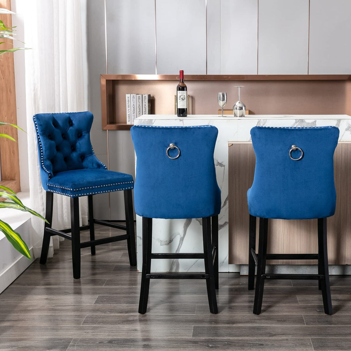 4x Velvet Bar Stools | Studs Trim | Wooden Legs | Tufted Dining Chairs | Kitchen