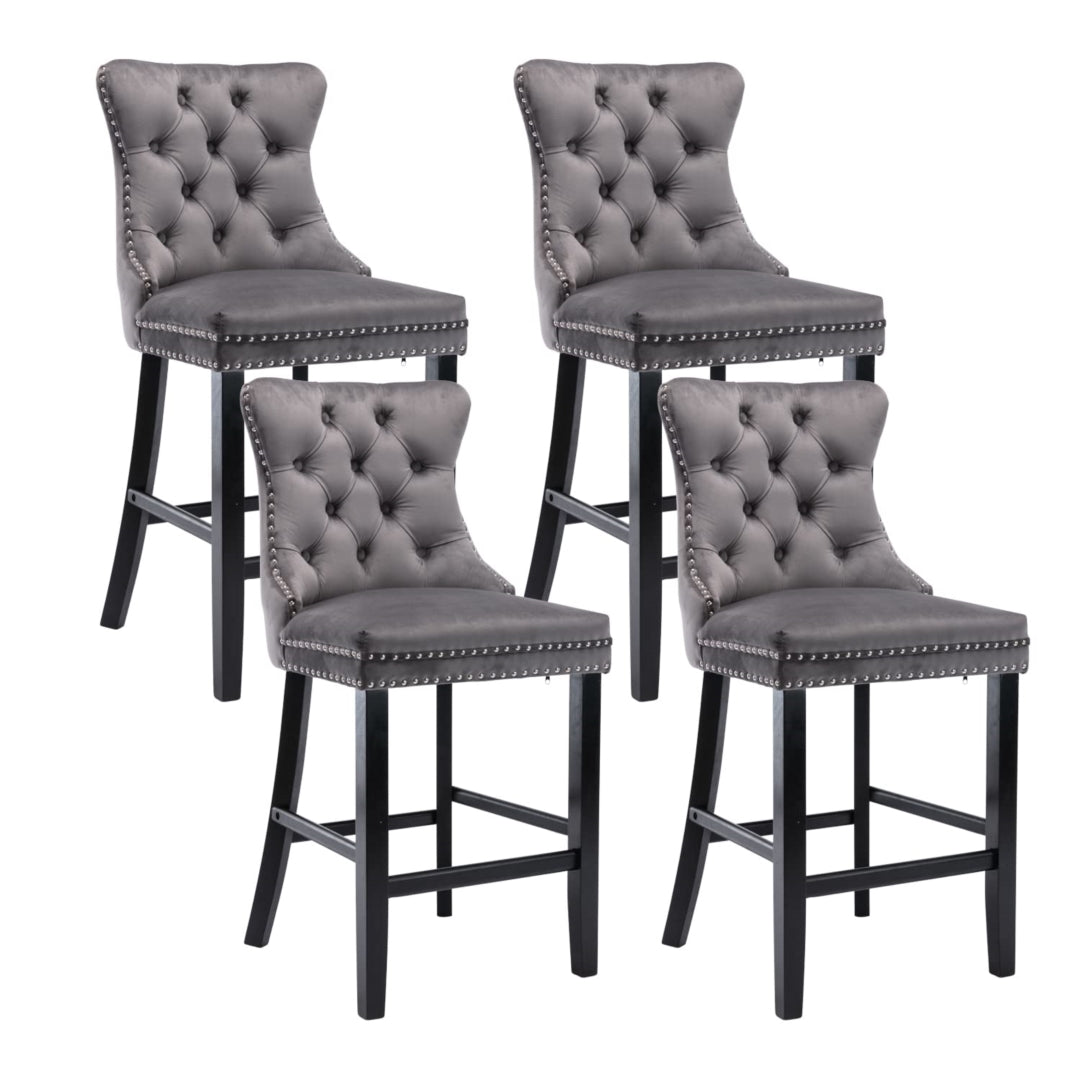 4x Velvet Bar Stools | Studs Trim | Wooden Legs | Tufted Dining Chairs | Kitchen