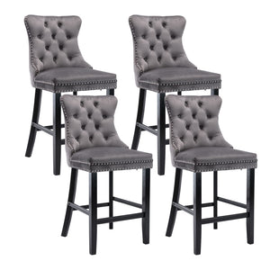 4x Velvet Bar Stools | Studs Trim | Wooden Legs | Tufted Dining Chairs | Kitchen