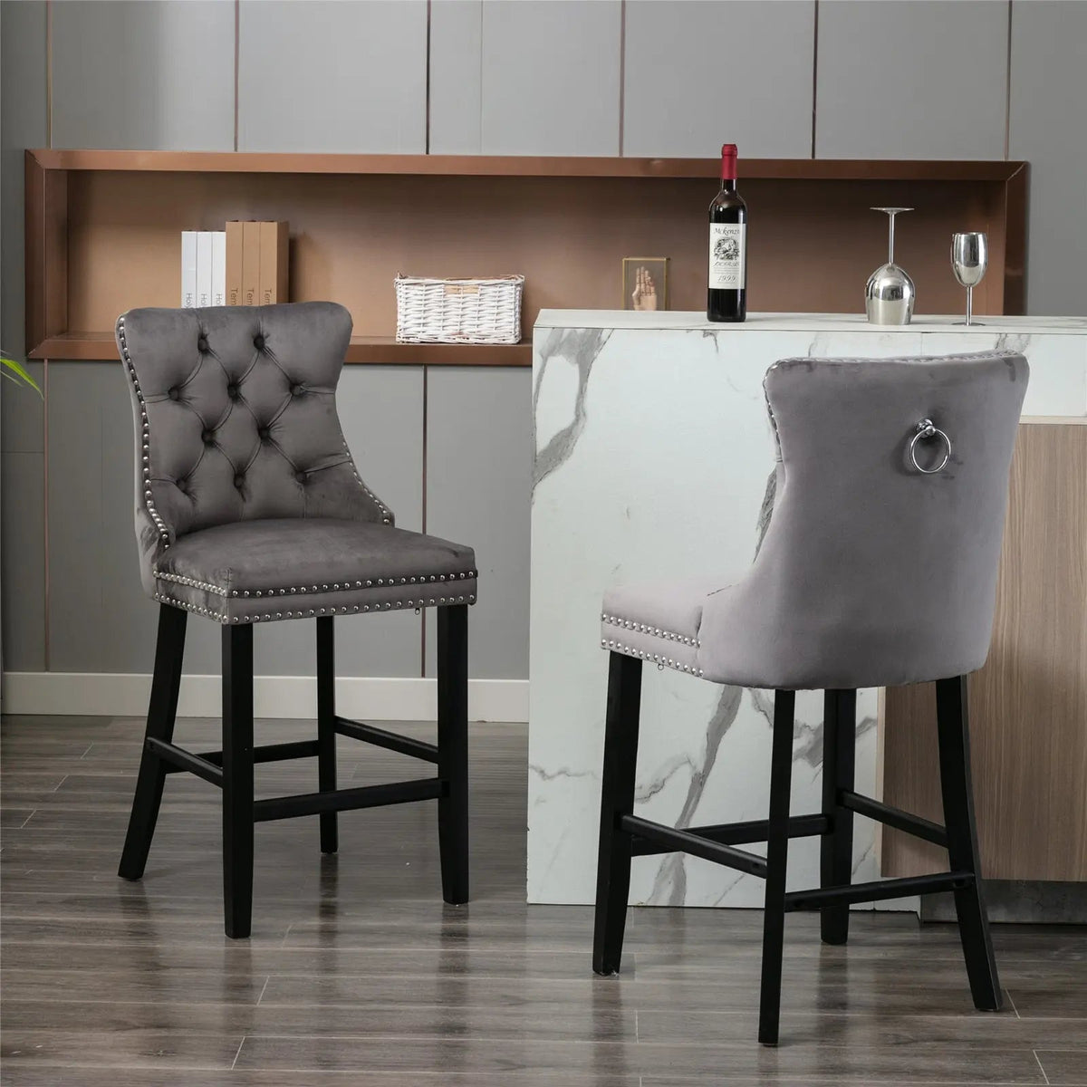 4x Velvet Bar Stools | Studs Trim | Wooden Legs | Tufted Dining Chairs | Kitchen