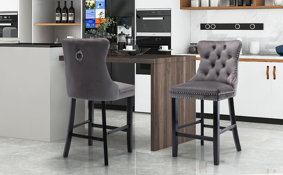 4x Velvet Bar Stools | Studs Trim | Wooden Legs | Tufted Dining Chairs | Kitchen
