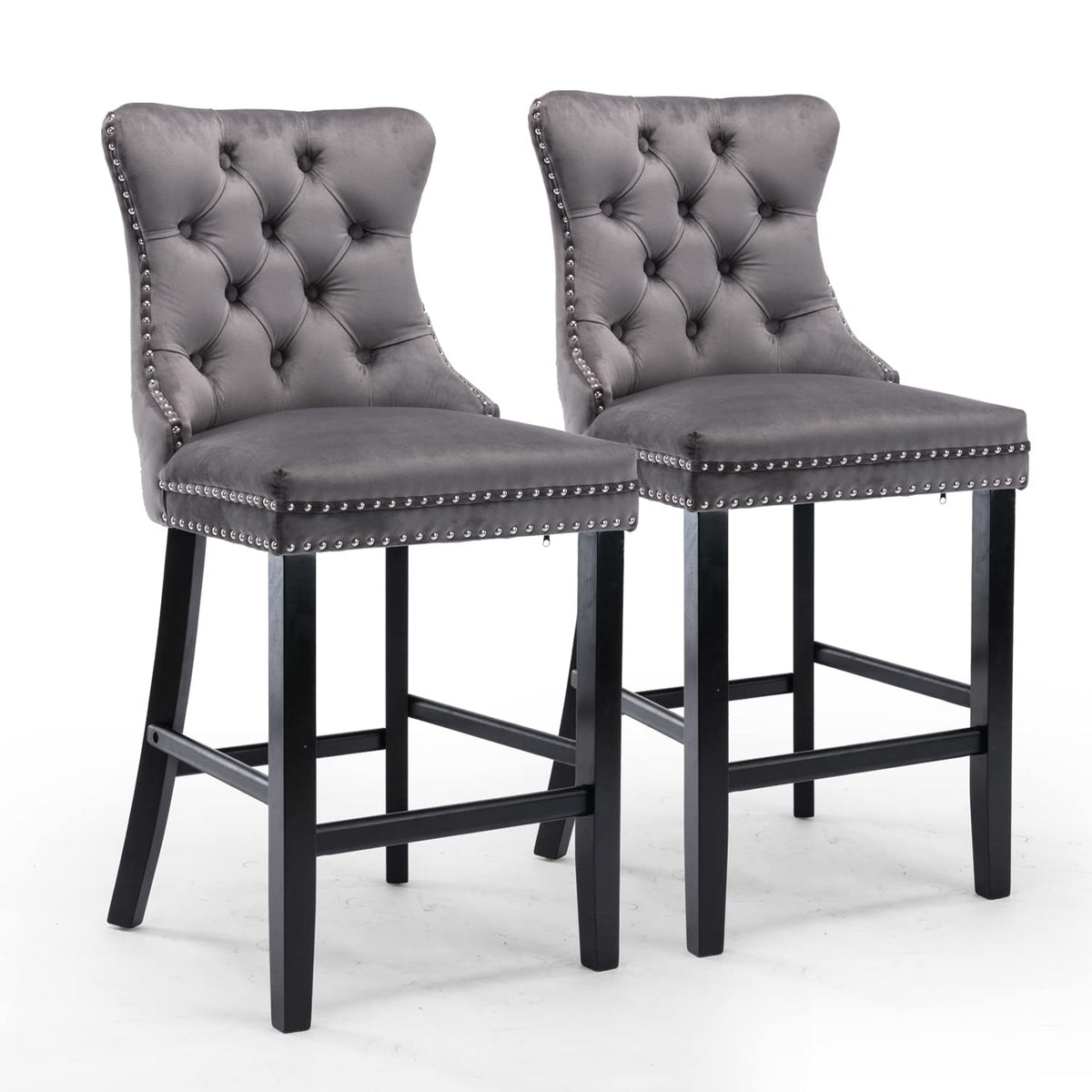 4x Velvet Bar Stools | Studs Trim | Wooden Legs | Tufted Dining Chairs | Kitchen