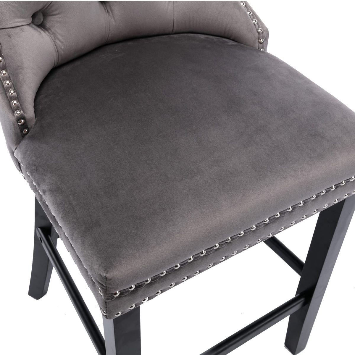 4x Velvet Bar Stools | Studs Trim | Wooden Legs | Tufted Dining Chairs | Kitchen