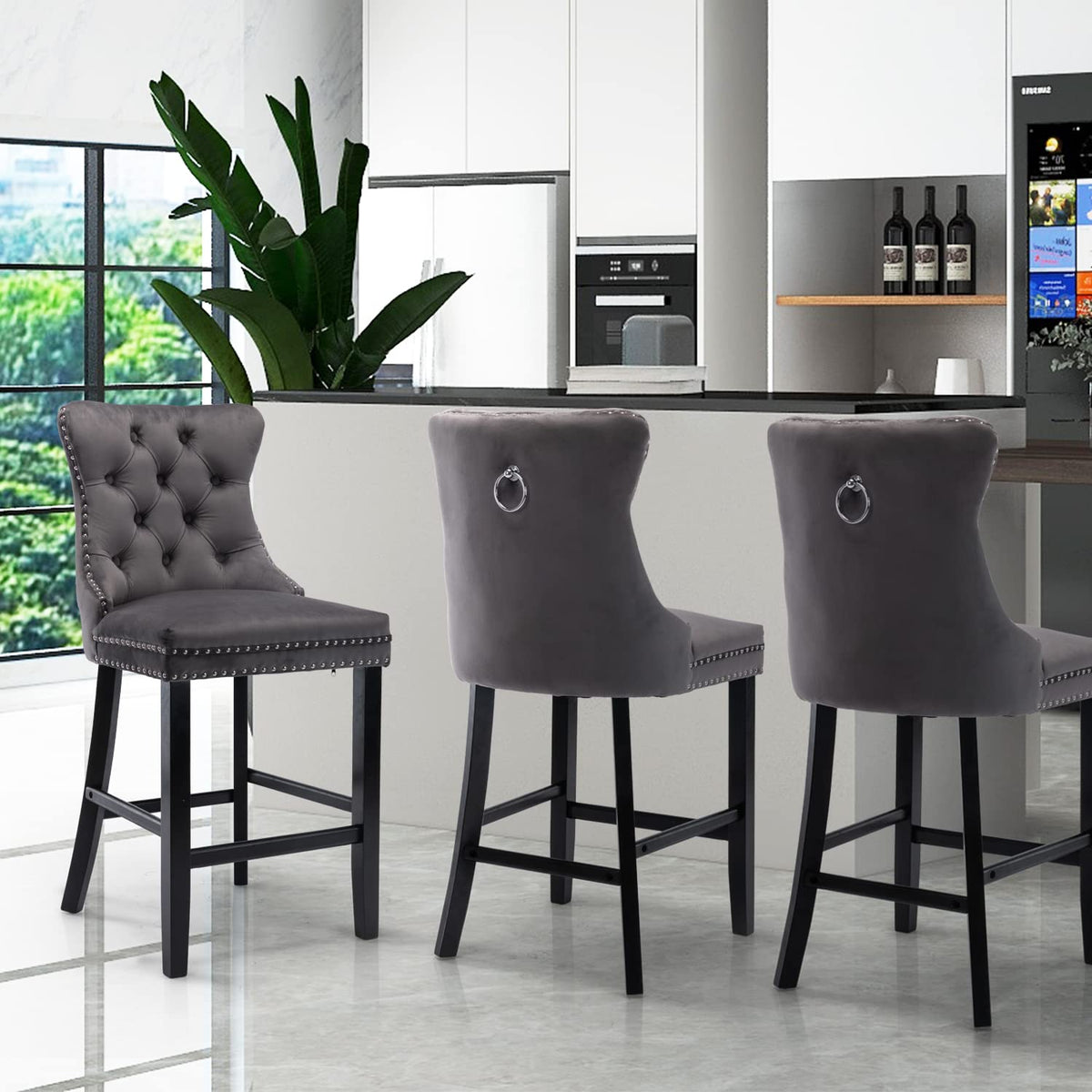 4x Velvet Bar Stools | Studs Trim | Wooden Legs | Tufted Dining Chairs | Kitchen