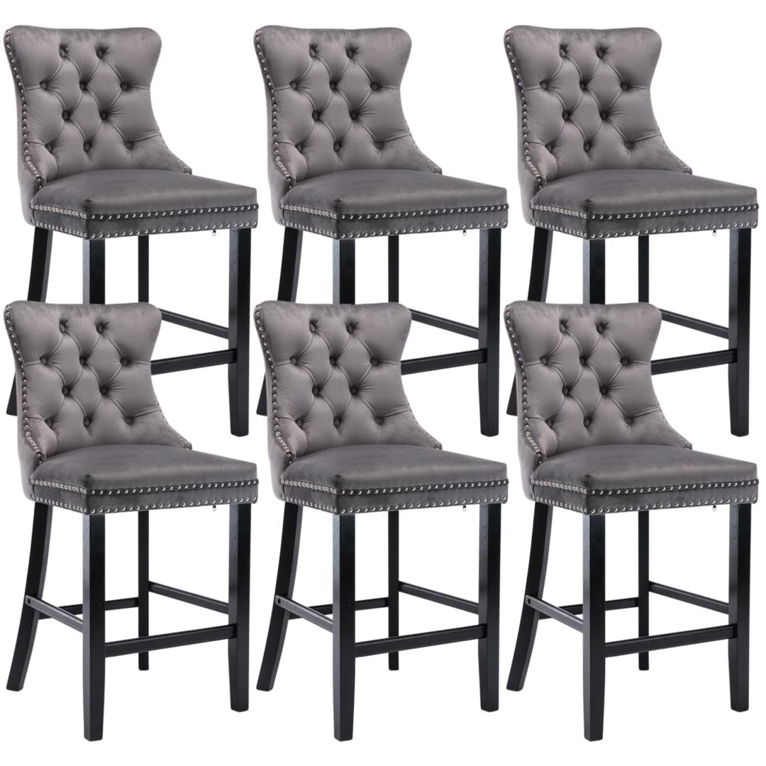 6x Velvet Bar Stools with Studs Trim | Wooden Legs | Tufted Dining Chairs | Kitchen