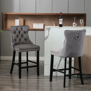 6x Velvet Bar Stools with Studs Trim | Wooden Legs | Tufted Dining Chairs | Kitchen