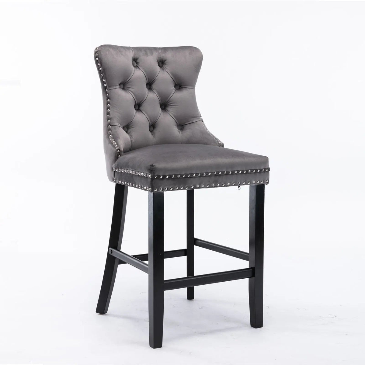 6x Velvet Bar Stools with Studs Trim | Wooden Legs | Tufted Dining Chairs | Kitchen