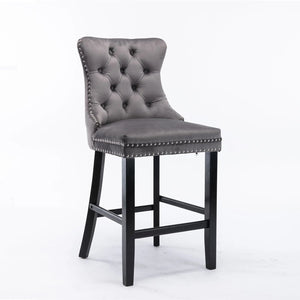 6x Velvet Bar Stools with Studs Trim | Wooden Legs | Tufted Dining Chairs | Kitchen