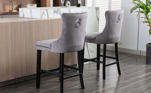 6x Velvet Bar Stools with Studs Trim | Wooden Legs | Tufted Dining Chairs | Kitchen