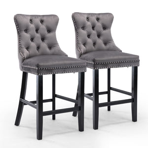 6x Velvet Bar Stools with Studs Trim | Wooden Legs | Tufted Dining Chairs | Kitchen