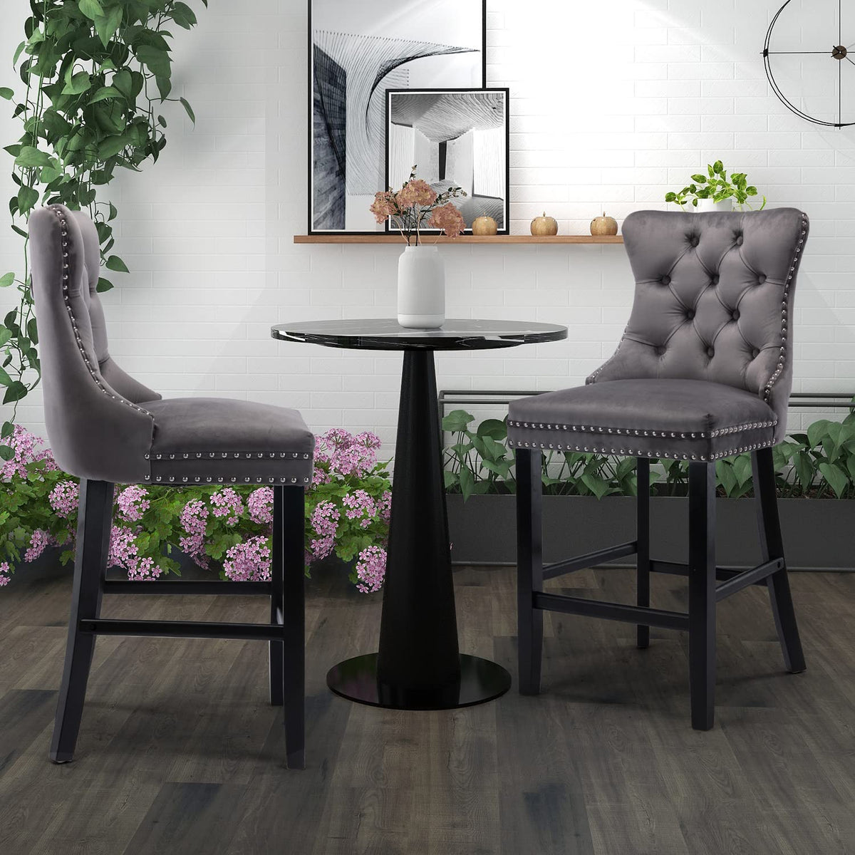 6x Velvet Bar Stools with Studs Trim | Wooden Legs | Tufted Dining Chairs | Kitchen