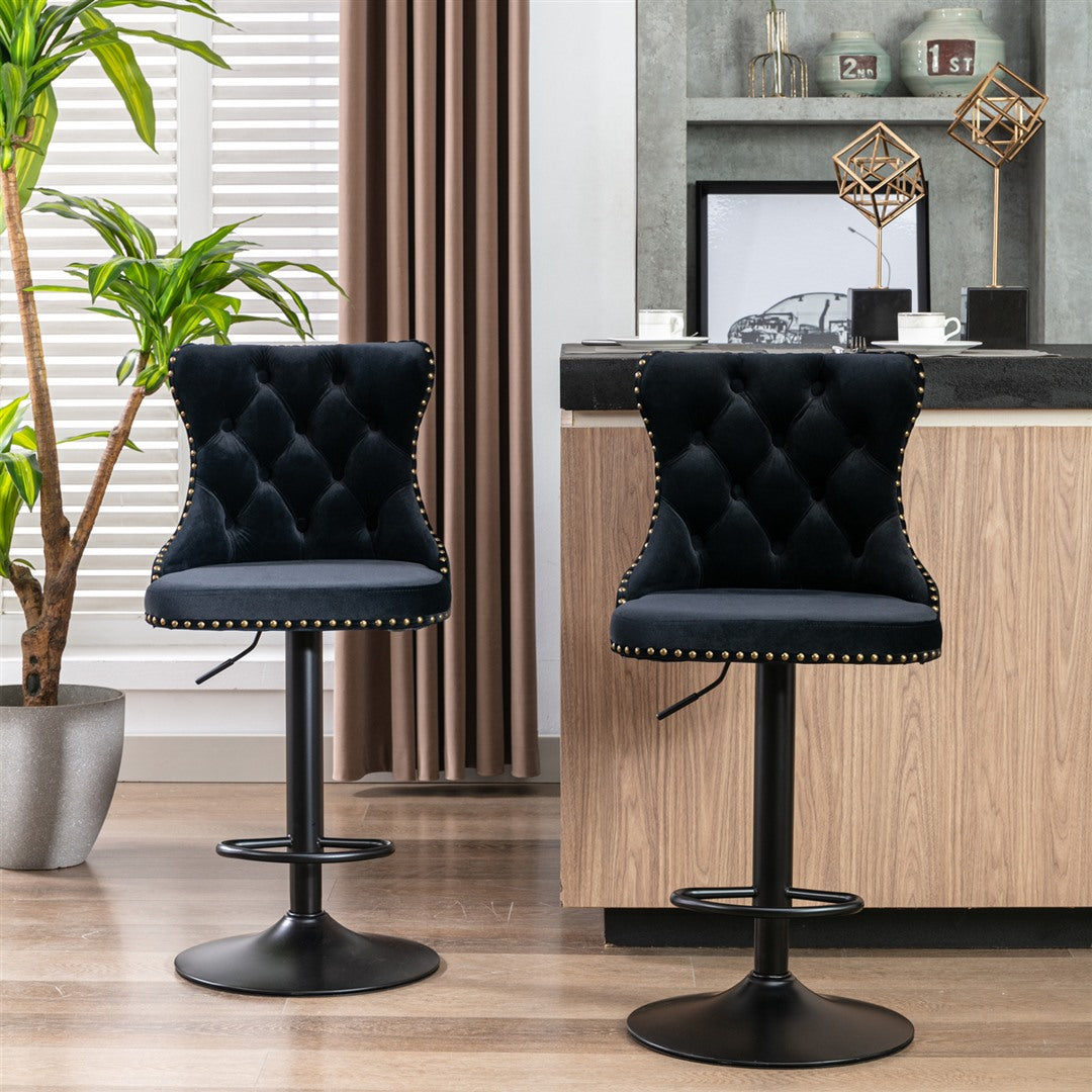 4x Height Adjustable Swivel Bar Stool | Velvet Nailhead Barstool | with Footrest