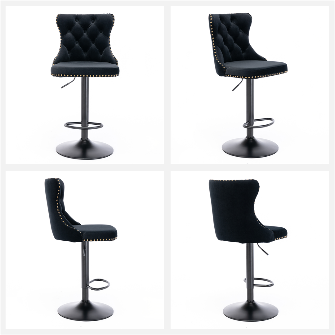 4x Height Adjustable Swivel Bar Stool | Velvet Nailhead Barstool | with Footrest
