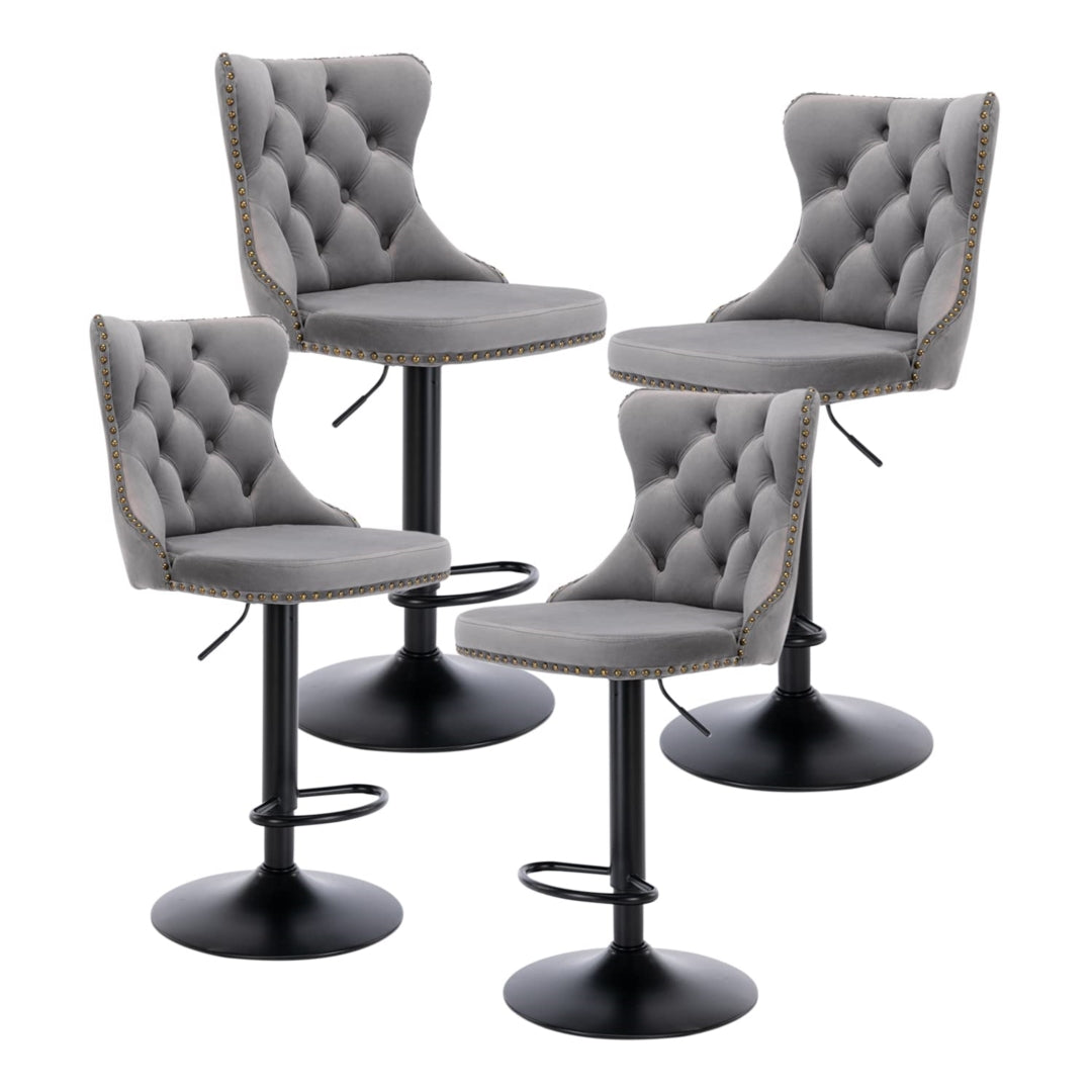 4x Height Adjustable Swivel Bar Stool | Velvet Nailhead Barstool | with Footrest