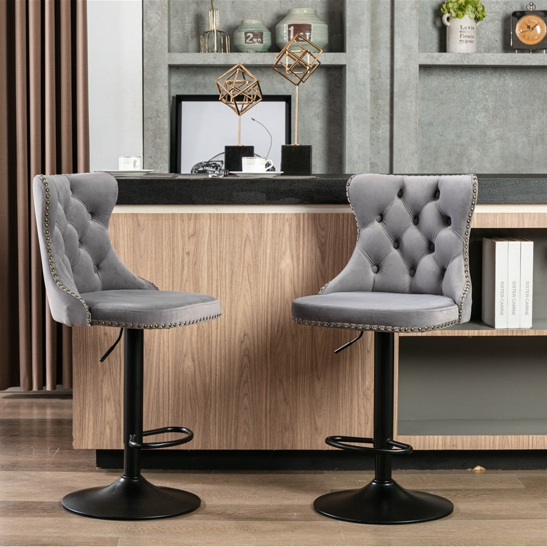 4x Height Adjustable Swivel Bar Stool | Velvet Nailhead Barstool | with Footrest