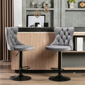 4x Height Adjustable Swivel Bar Stool | Velvet Nailhead Barstool | with Footrest