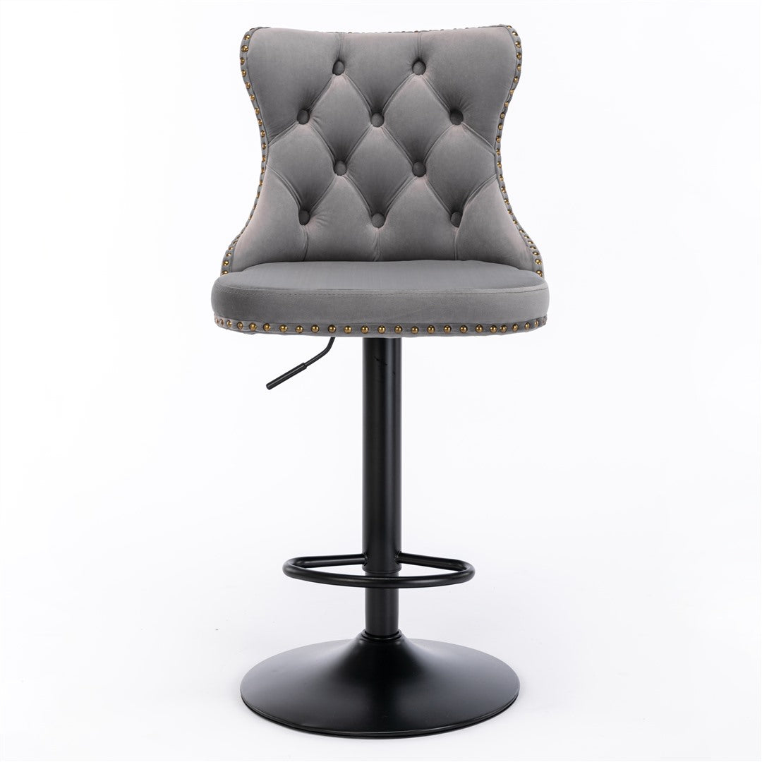4x Height Adjustable Swivel Bar Stool | Velvet Nailhead Barstool | with Footrest