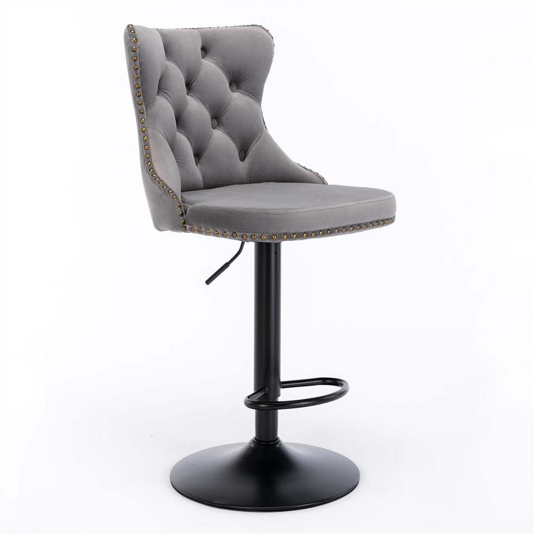 4x Height Adjustable Swivel Bar Stool | Velvet Nailhead Barstool | with Footrest