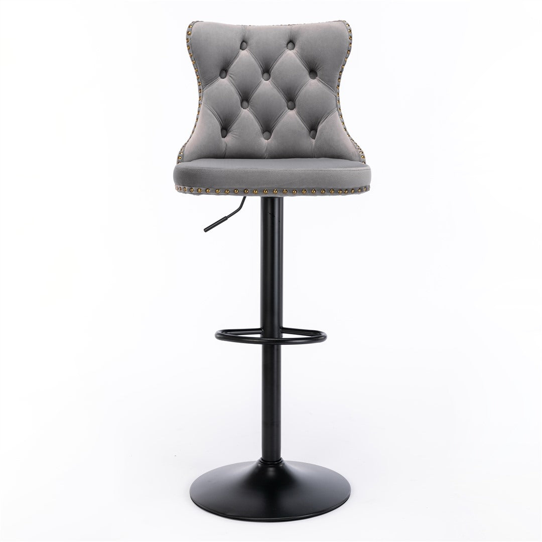 4x Height Adjustable Swivel Bar Stool | Velvet Nailhead Barstool | with Footrest