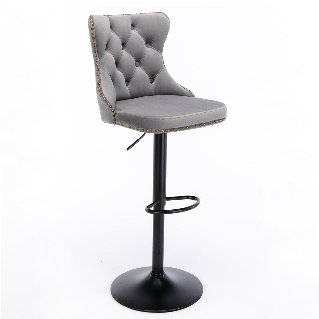 4x Height Adjustable Swivel Bar Stool | Velvet Nailhead Barstool | with Footrest