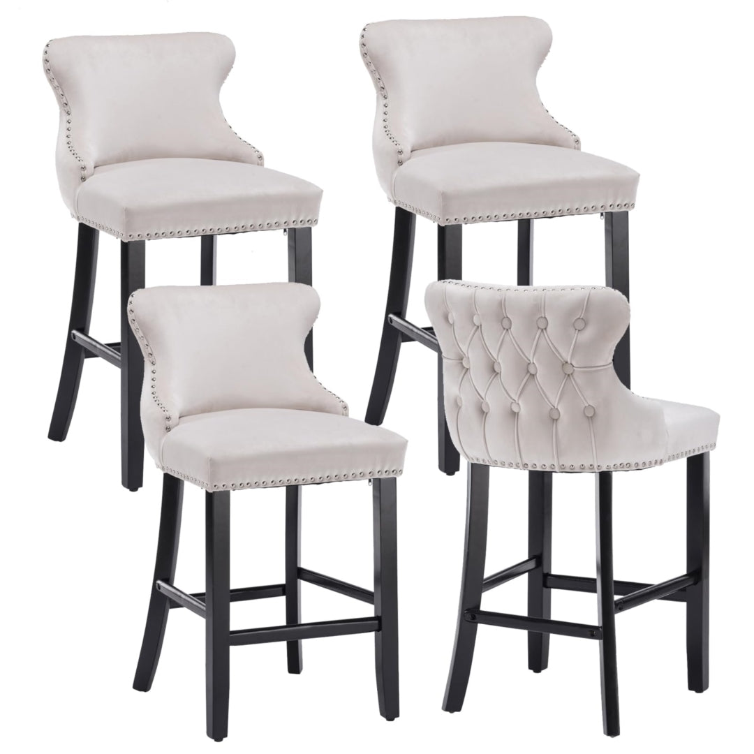 4x Velvet Upholstered Button Tufted Bar Stools | with Wood Legs and Studs | Beige
