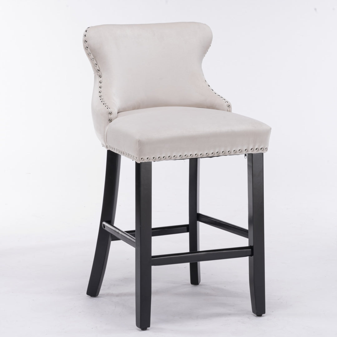4x Velvet Upholstered Button Tufted Bar Stools | with Wood Legs and Studs | Beige