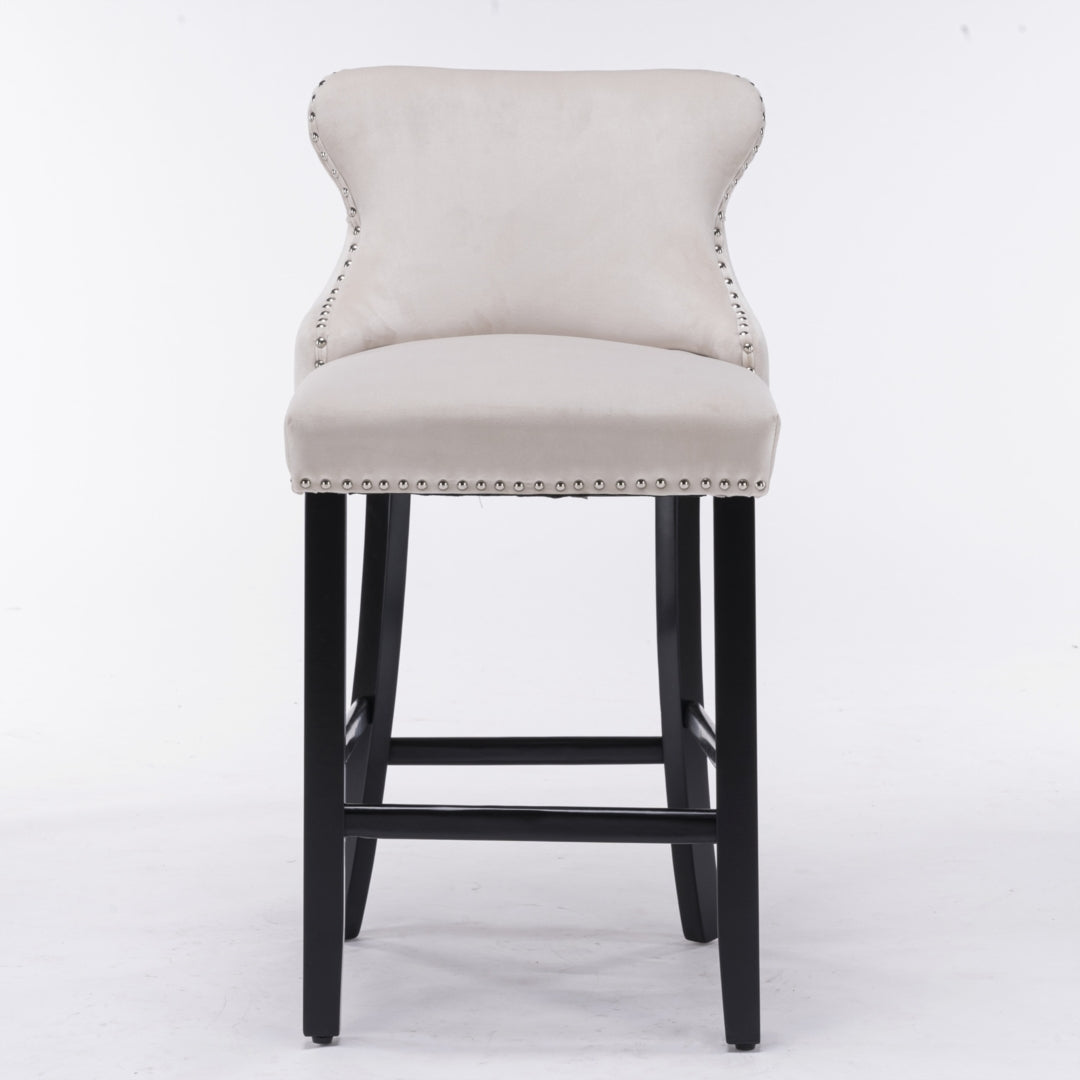 4x Velvet Upholstered Button Tufted Bar Stools | with Wood Legs and Studs | Beige