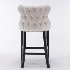 4x Velvet Upholstered Button Tufted Bar Stools | with Wood Legs and Studs | Beige