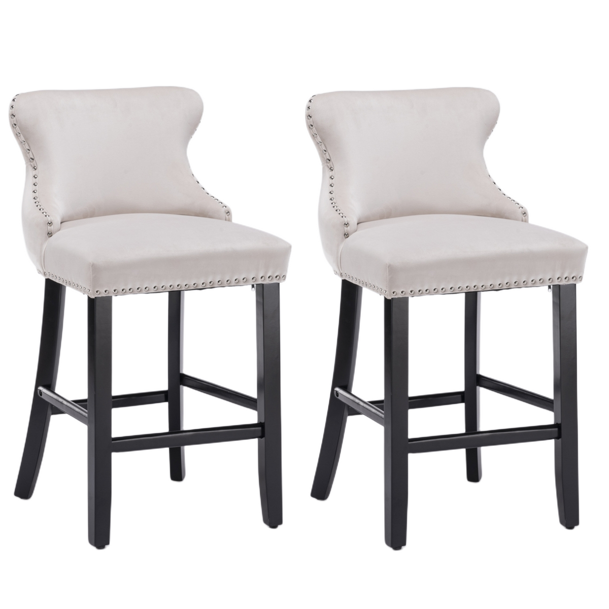 2x Velvet Upholstered Button Tufted Bar Stools | with Wood Legs and Studs | Beige
