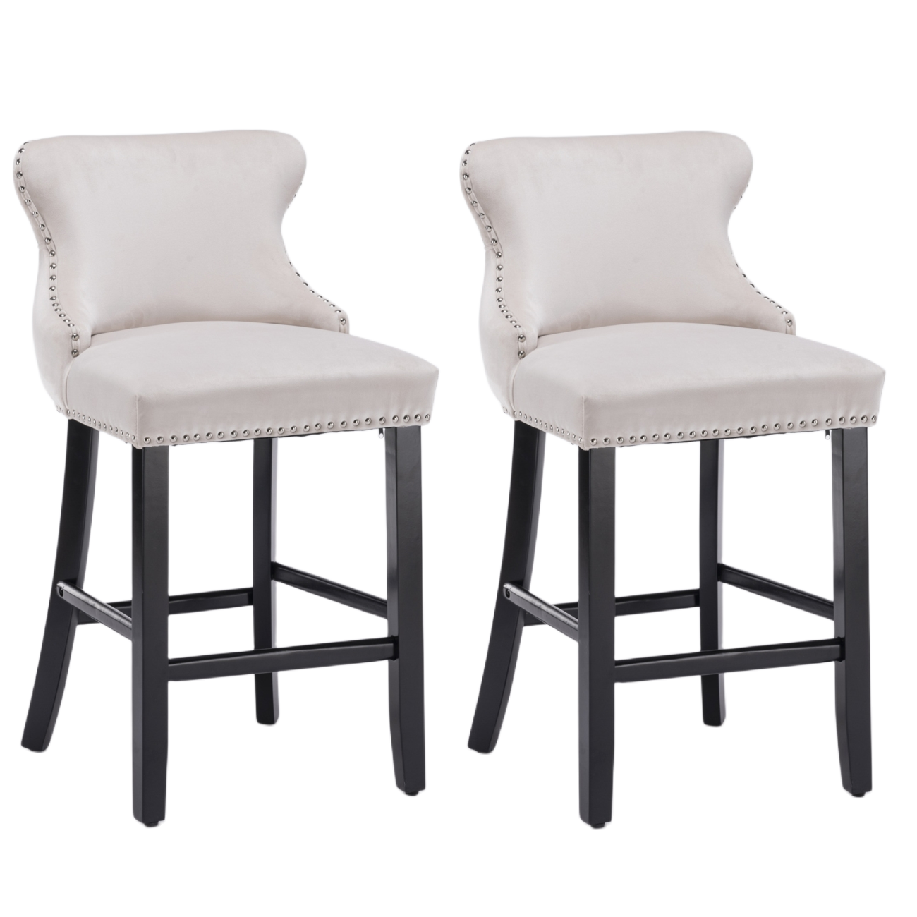 2x Velvet Upholstered Button Tufted Bar Stools | with Wood Legs and Studs | Beige