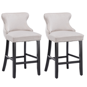 2x Velvet Upholstered Button Tufted Bar Stools | with Wood Legs and Studs | Beige