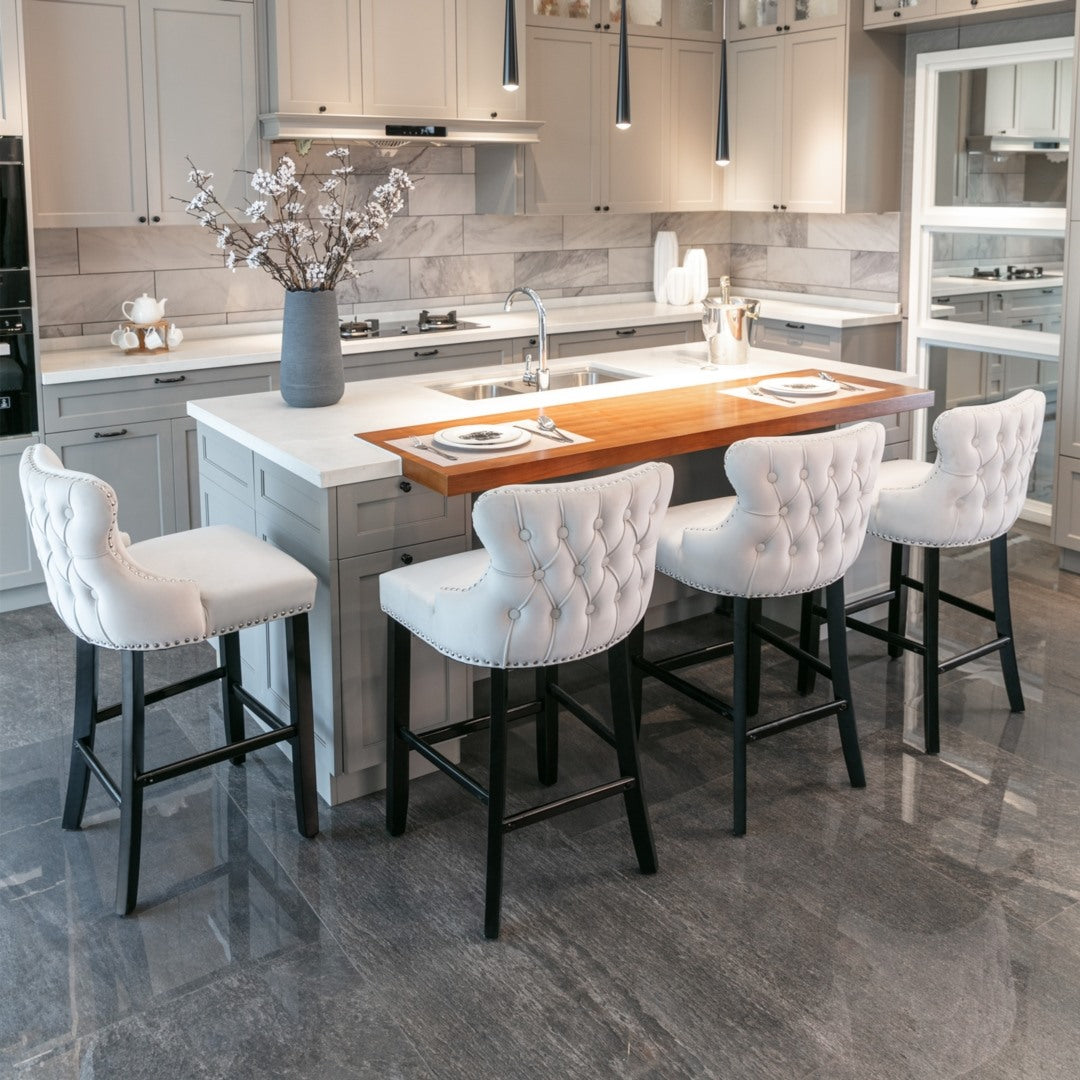 2x Velvet Upholstered Button Tufted Bar Stools | with Wood Legs and Studs | Beige