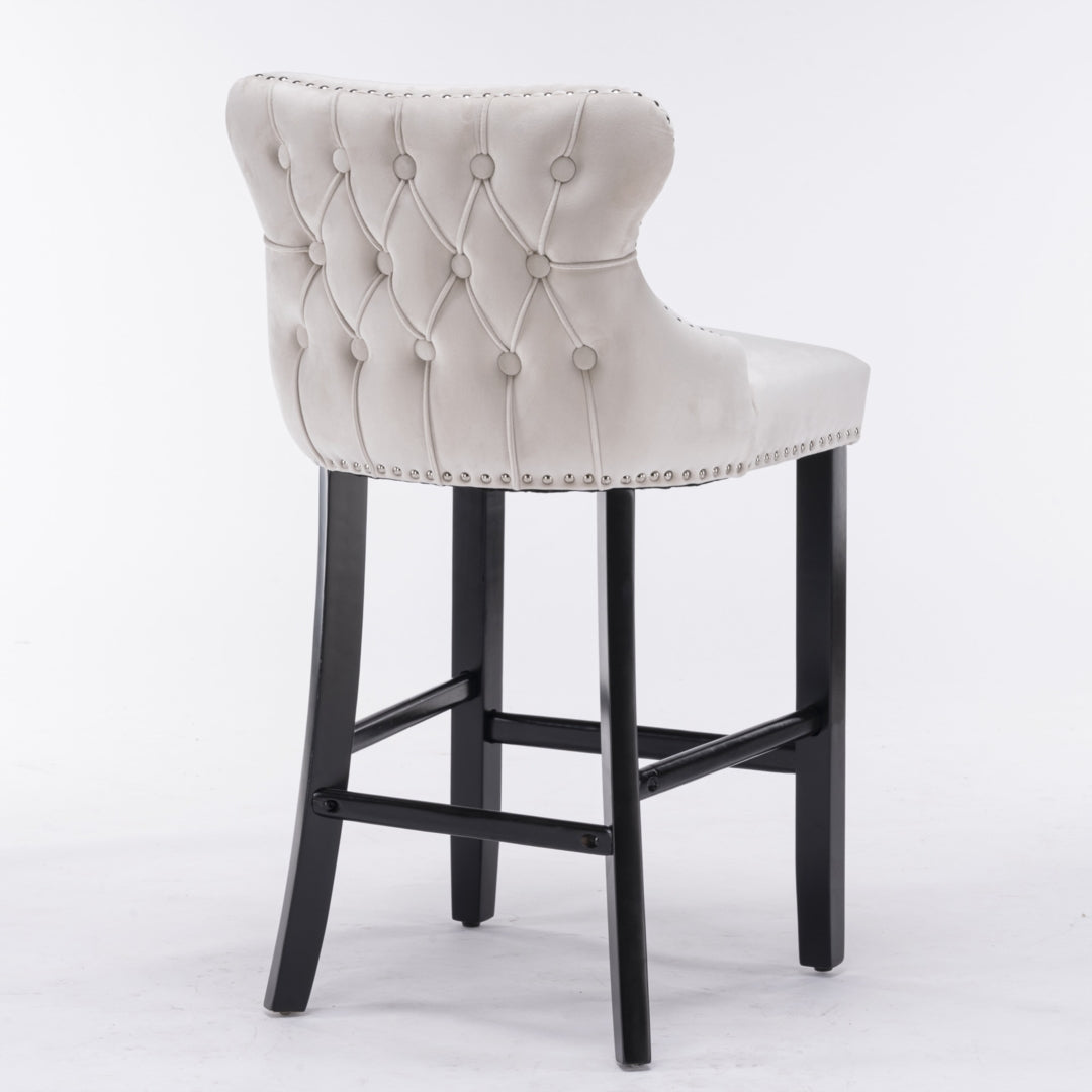 2x Velvet Upholstered Button Tufted Bar Stools | with Wood Legs and Studs | Beige