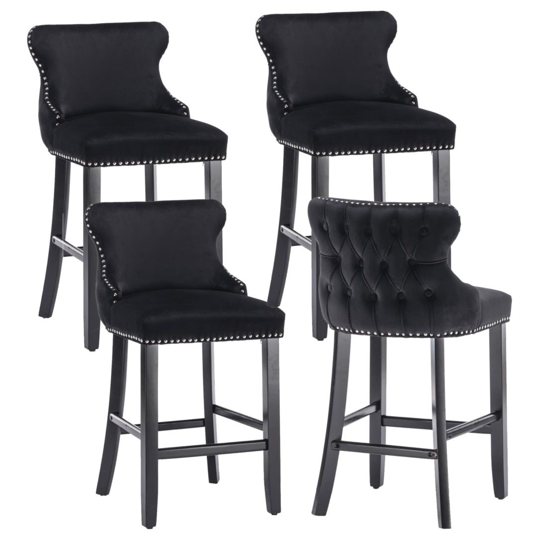 4x Velvet Upholstered Button Tufted Bar Stools | with Wood Legs and Studs | Black
