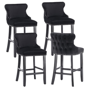 4x Velvet Upholstered Button Tufted Bar Stools | with Wood Legs and Studs | Black