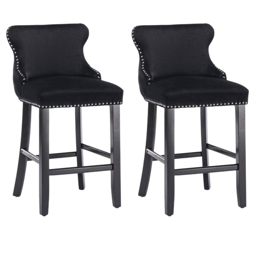4x Velvet Upholstered Button Tufted Bar Stools | with Wood Legs and Studs | Black