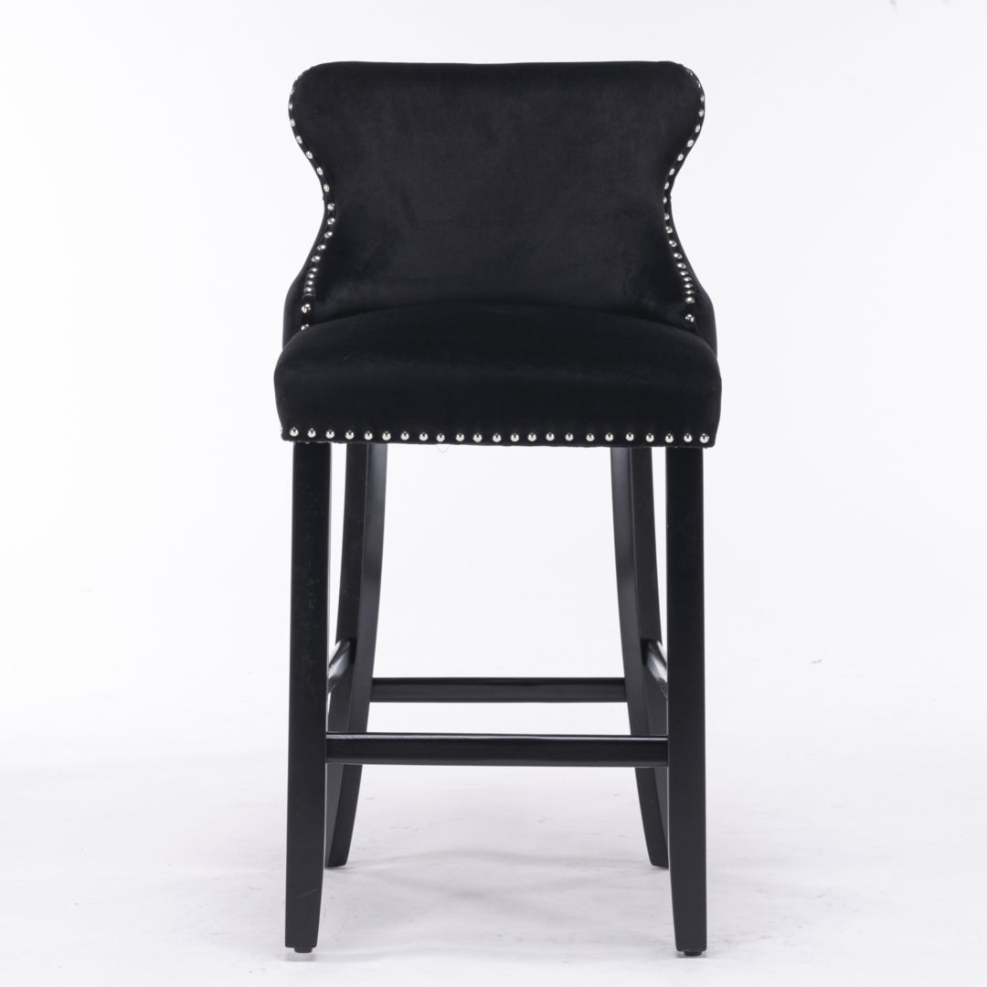 4x Velvet Upholstered Button Tufted Bar Stools | with Wood Legs and Studs | Black