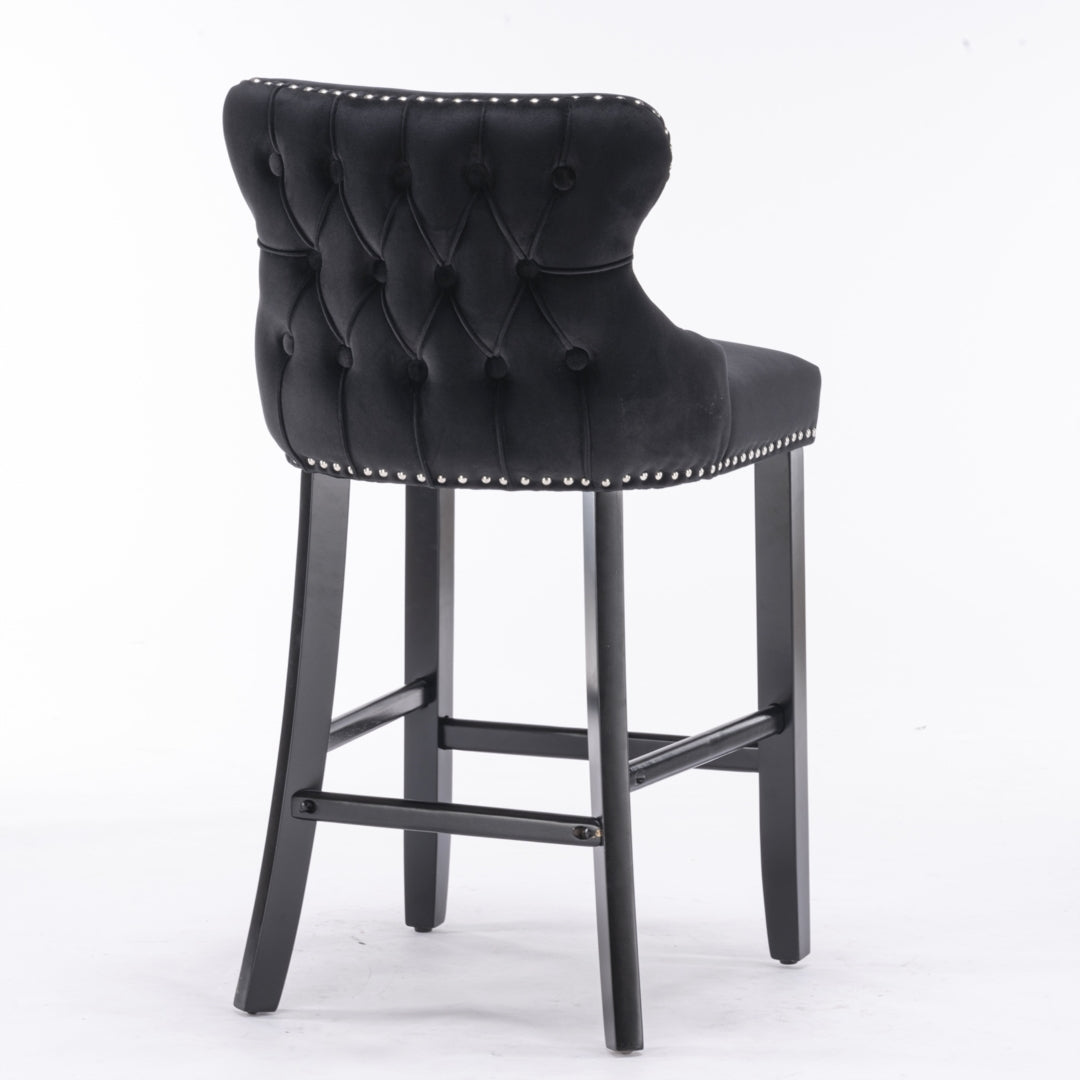 4x Velvet Upholstered Button Tufted Bar Stools | with Wood Legs and Studs | Black