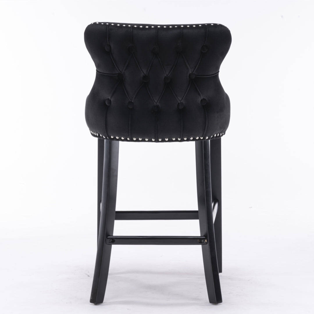 4x Velvet Upholstered Button Tufted Bar Stools | with Wood Legs and Studs | Black
