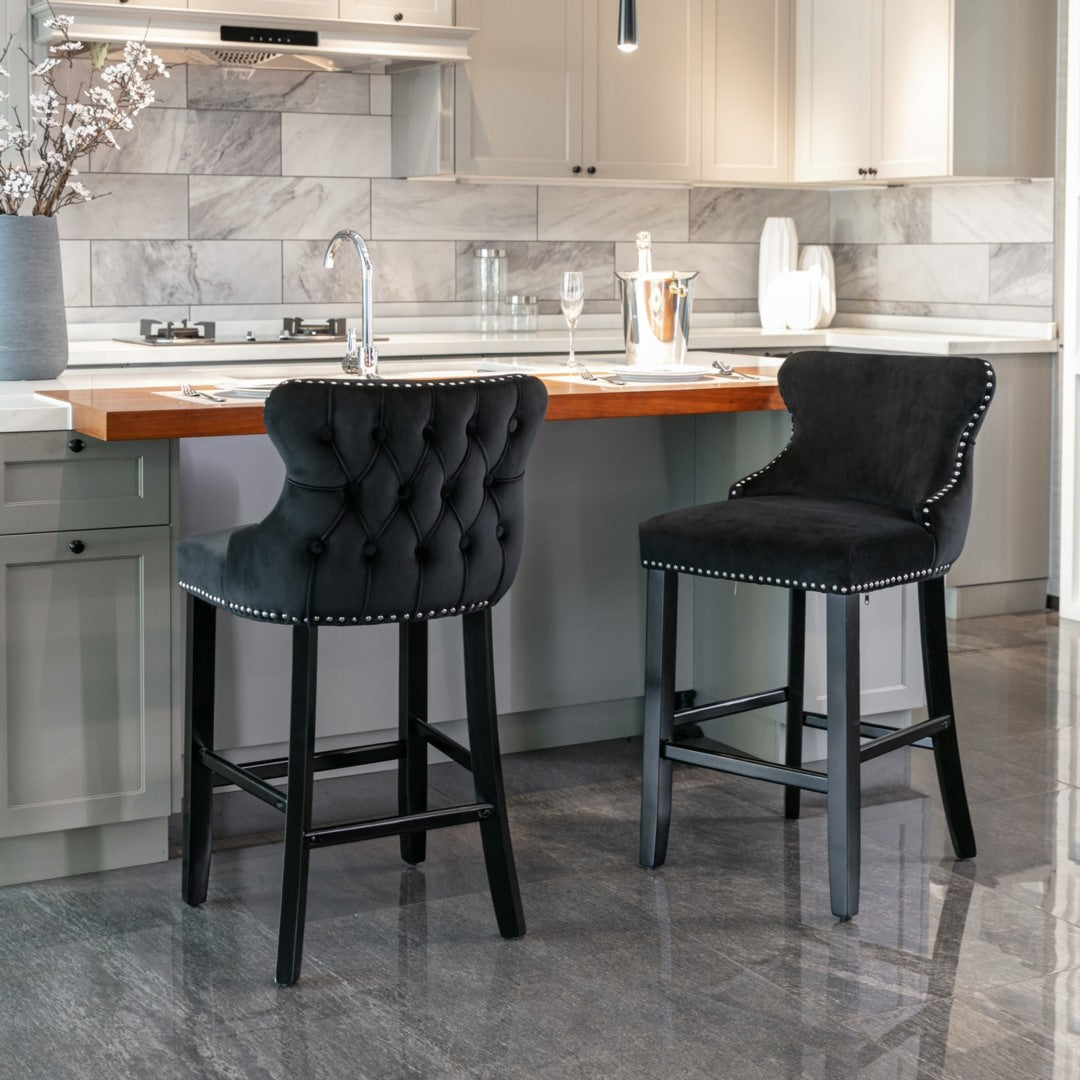 4x Velvet Upholstered Button Tufted Bar Stools | with Wood Legs and Studs | Black